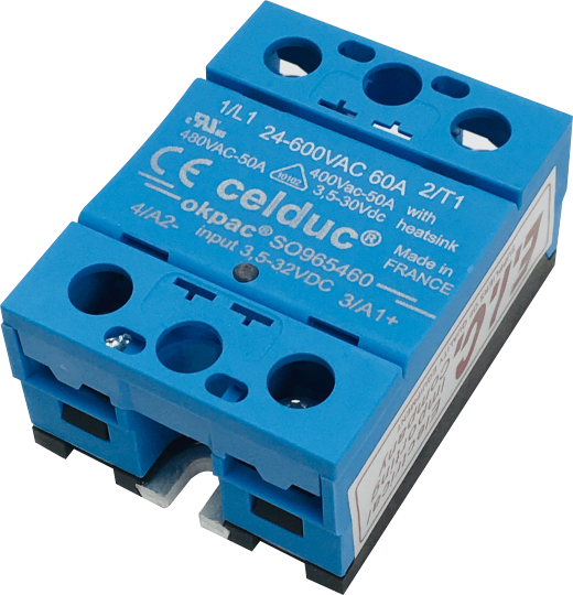 CELDUC OKPAC 1PH SSR, RESISTIVE LOADS, 24-600VAC 50A (AC-51), Ctrl