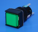 16mm SQUARE ILLUM PUSHBUTTON GREEN, 1x C/O MOMENTARY, 220VAC LED